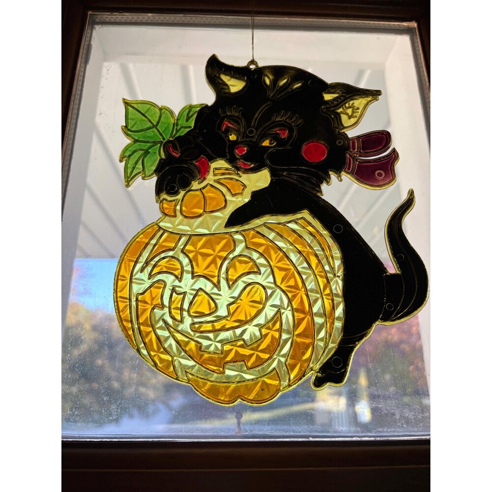 Vintage Halloween Black Cat Jack-O-Lantern Suncatcher